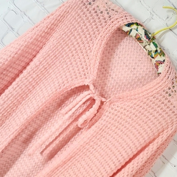 Chris & Carol Tie Neck Cardigan Sweater Baby Pink Open Waffle Knit Neutral Sz L - Picture 14 of 17